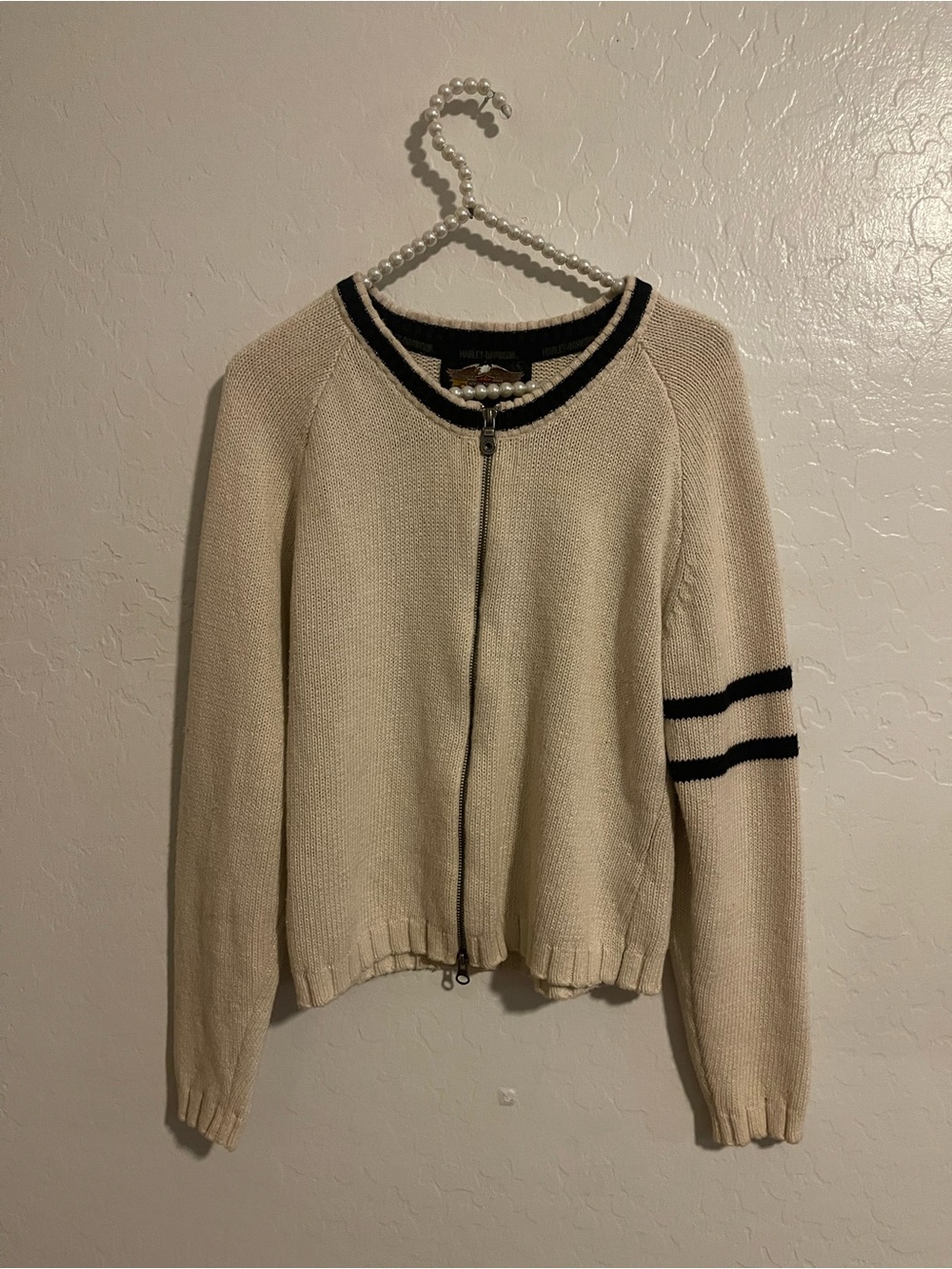 Harley-Davidson Cream Zip Cardigan with Black Stripe Accents